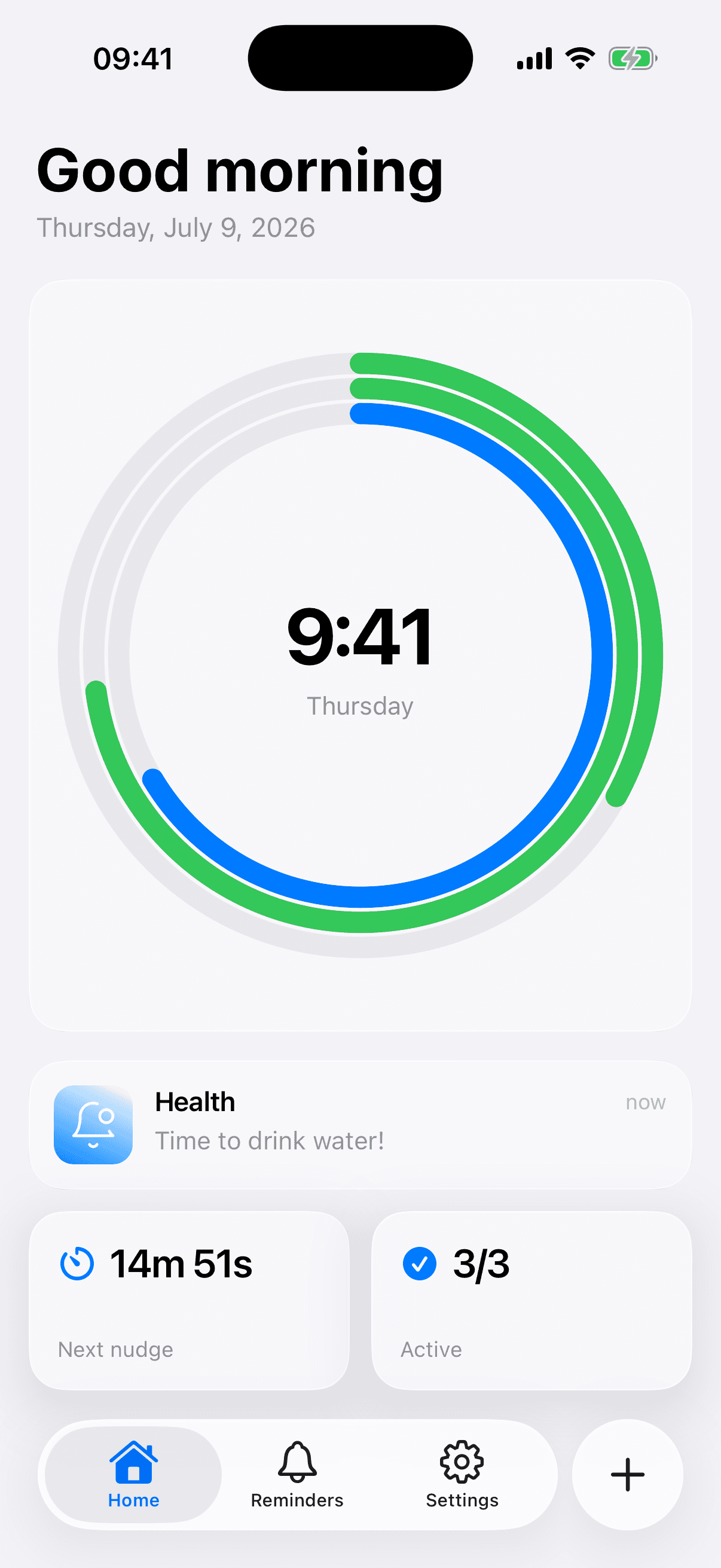 Home screen with rings showing upcoming reminders