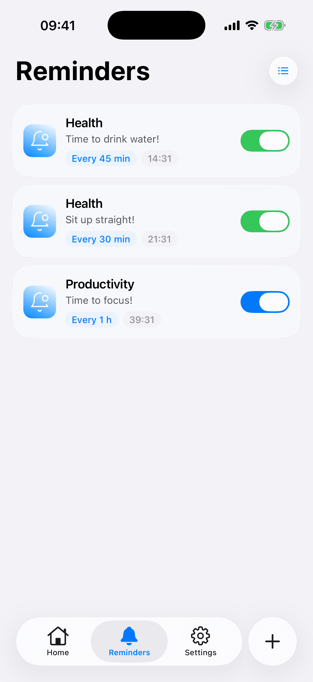 List of active reminders