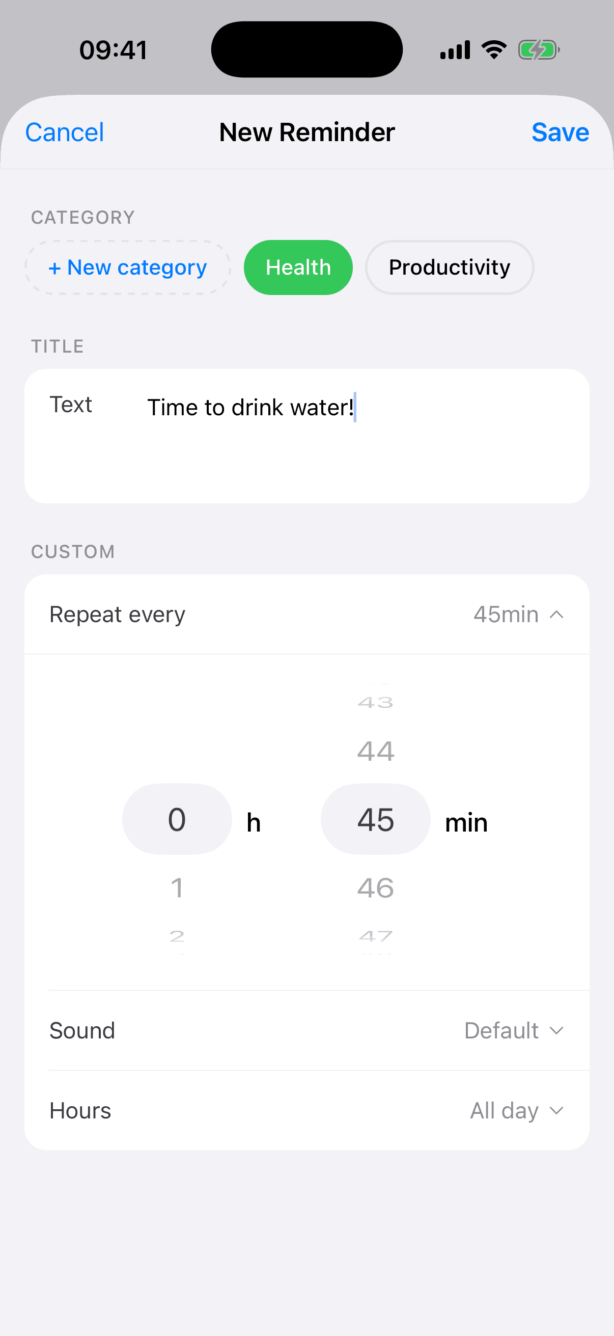 Create reminder sheet with text input and frequency picker