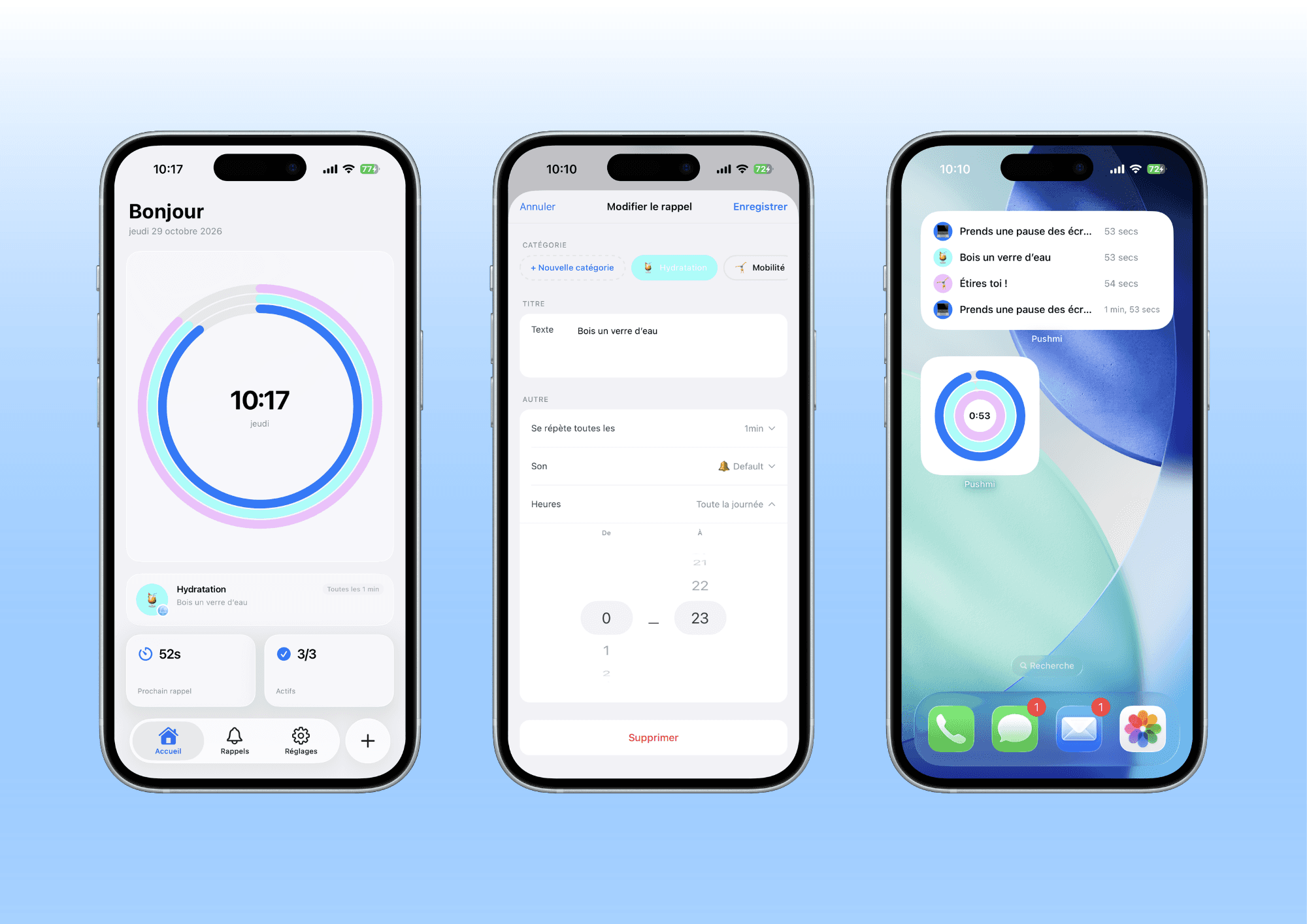 Trois écrans de smartphone affichant l'interface d'une application de suivi de la productivité et de la santé