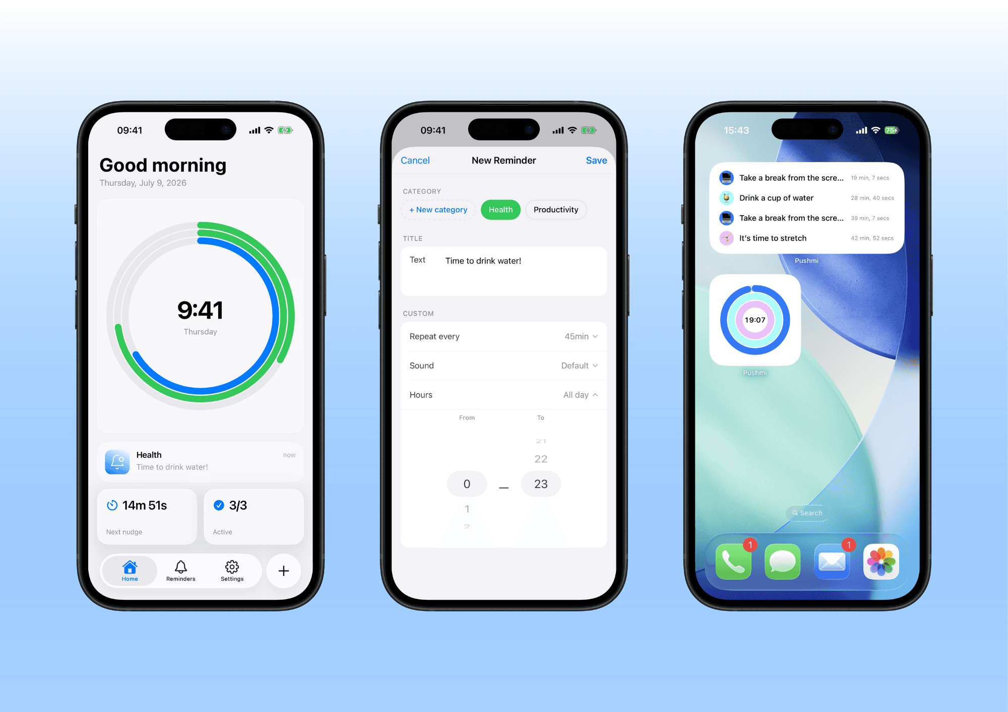 Three smartphone screens showing a productivity and health tracking app interface