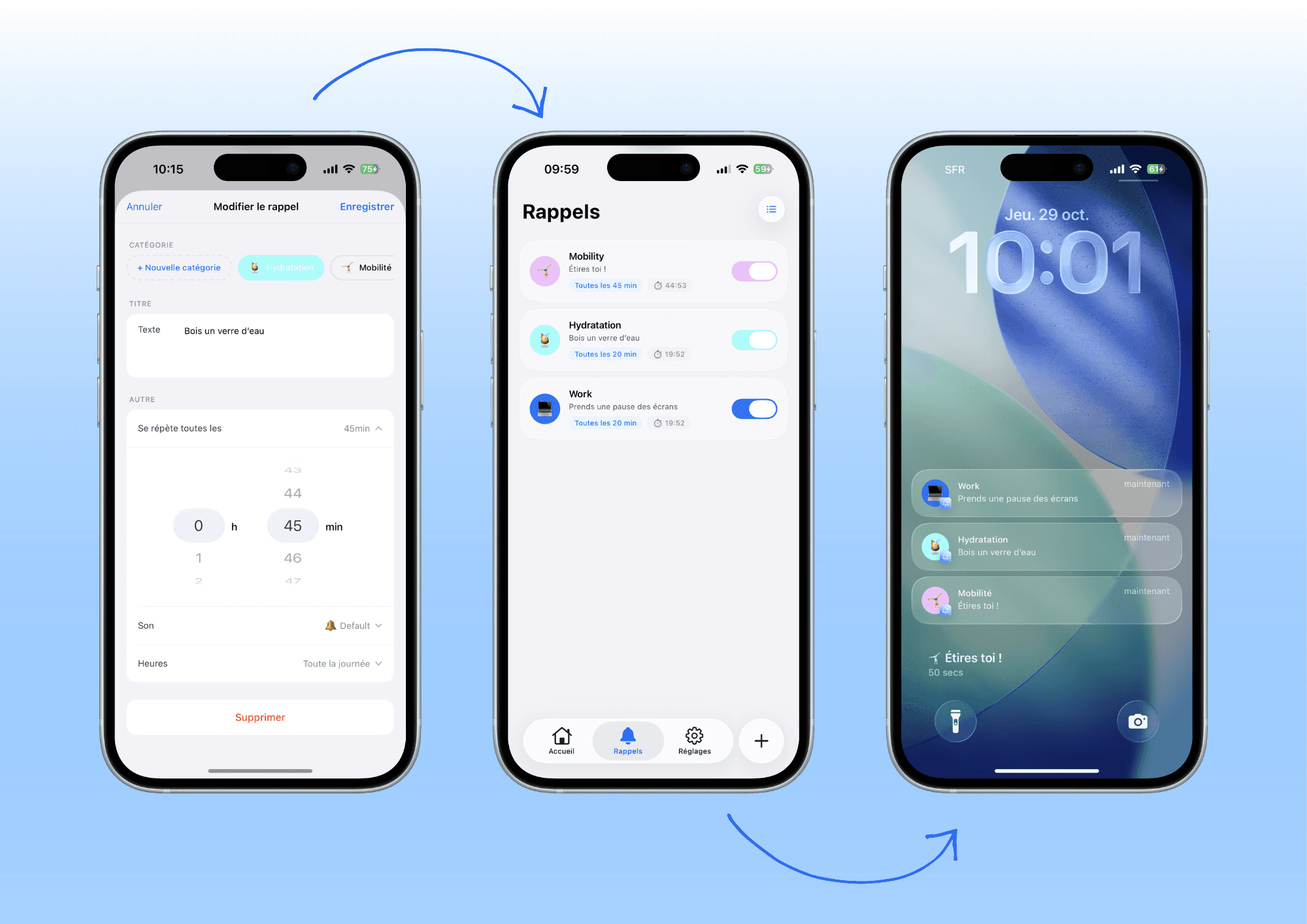 Une séquence de trois écrans de smartphone illustrant le processus de création et de consultation d'une application de rappels