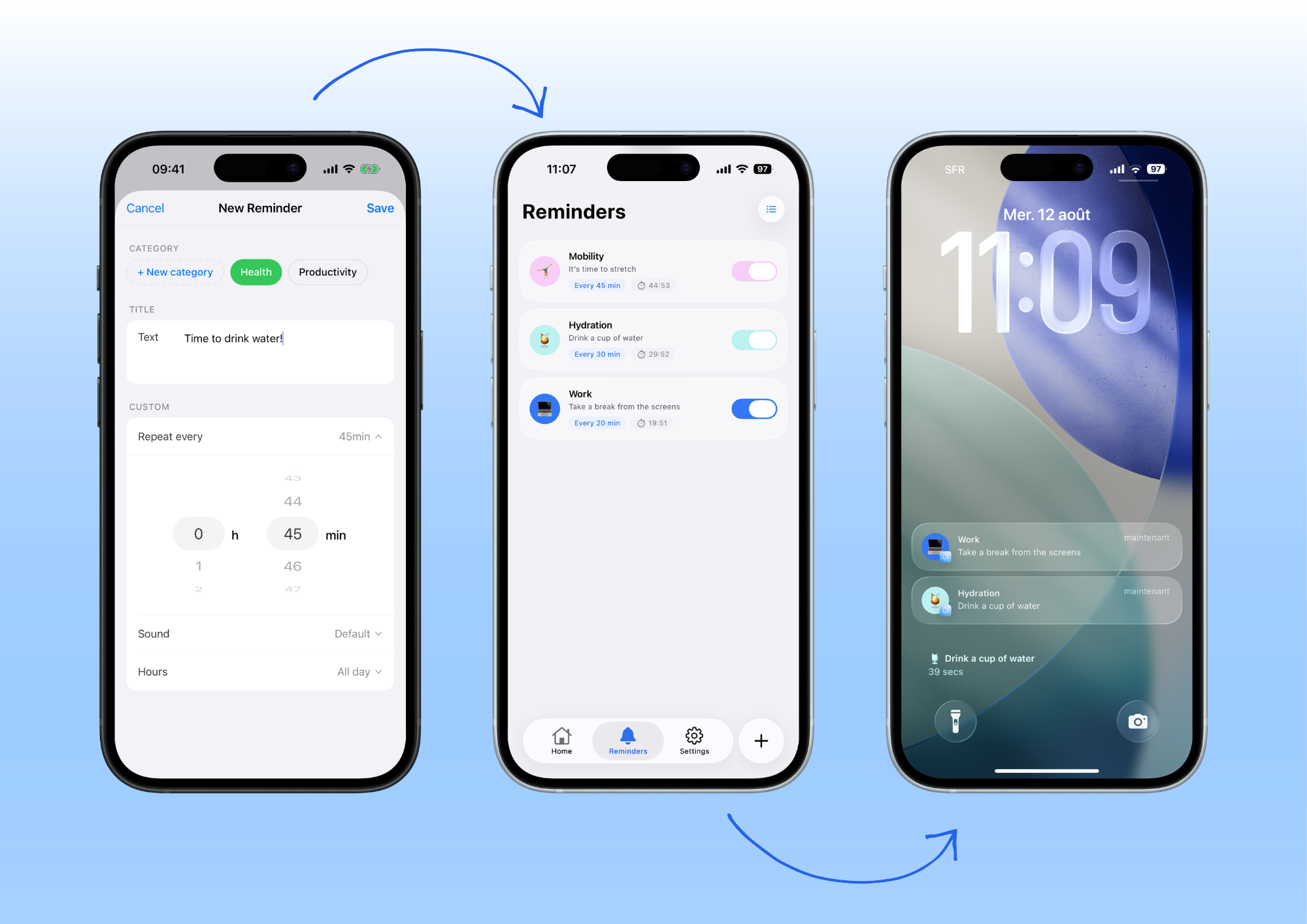 A sequence of three smartphone screens showing the process of creating and viewing a reminder app